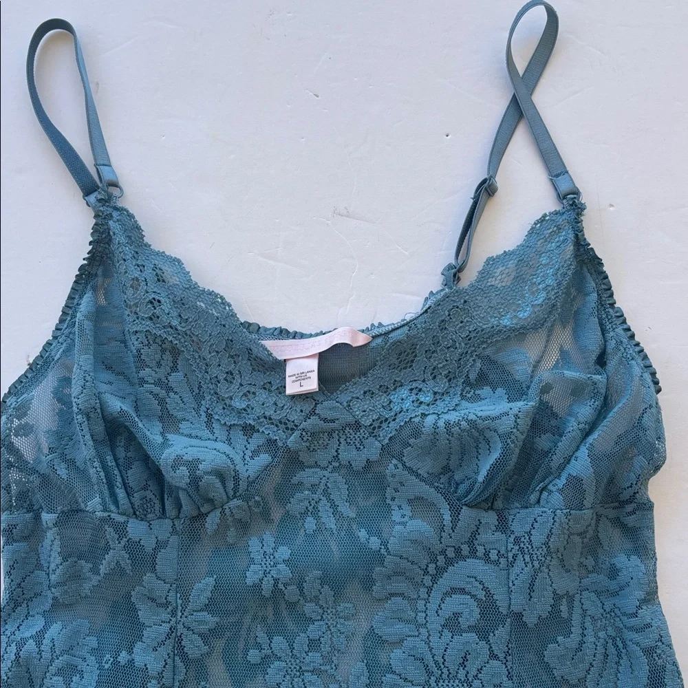 Y2K Victoria’s Secret Lace Mini Dress Naked Blue Bridal Slip L Chamise Teddy Hot - Picture 6 of 17